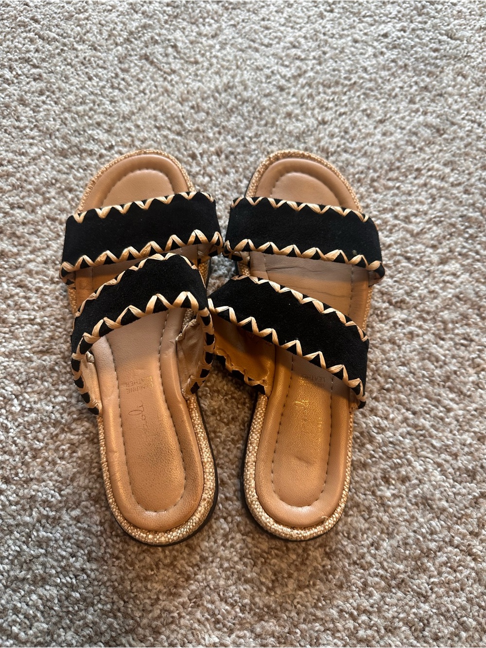 Women's Black Slide Sandals with Tan Accents